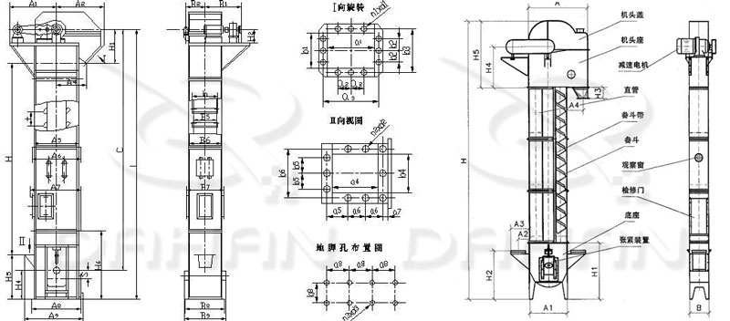 TD/D型斗式提升機(jī)基本結(jié)構(gòu):機(jī)頭蓋，機(jī)頭座，減速電機(jī)，直管，底座，緊張裝置等。