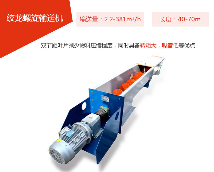 絞龍螺旋輸送機(jī)輸送量：2.2-381m3/h 長度：40-70m 雙節(jié)距葉片減少物料壓縮程度，同時具備轉(zhuǎn)矩大，噪音低等優(yōu)點(diǎn)。